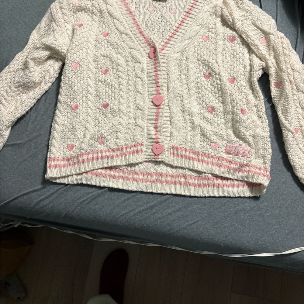 Taylor Swift Lover Cream Knit Cardigan with Pink Heart Accents